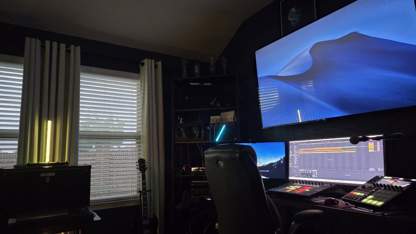The Seymore Music home studio at night, with Ableton Live and a Maschine on the desk